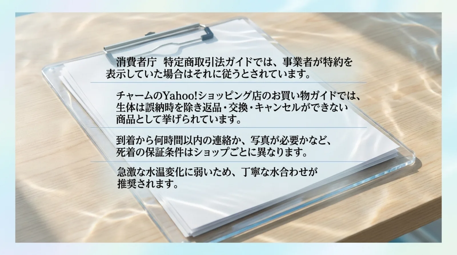通信販売の返品は事業者が表示した特約に従うこと、チャームでは生体は誤納時を除き返品できないこと、死着の保証条件は店ごとに違うこと、丁寧な水合わせをまとめたスライド