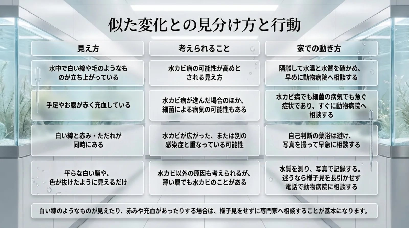 白い綿・赤み・白い膜などの見え方ごとに、考えられることと家での動き方をまとめた表