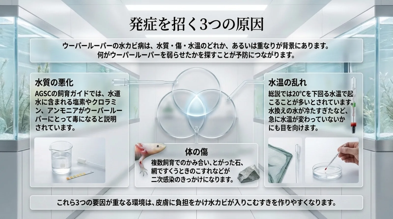 水質の悪化・体の傷・水温の乱れの3つが重なって水カビ病を招くことを示した図