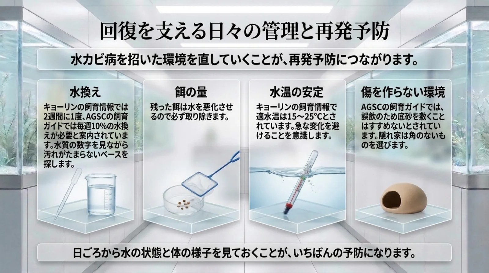水換え・餌の量・水温の安定・傷を作らない環境の4つの再発予防のポイント