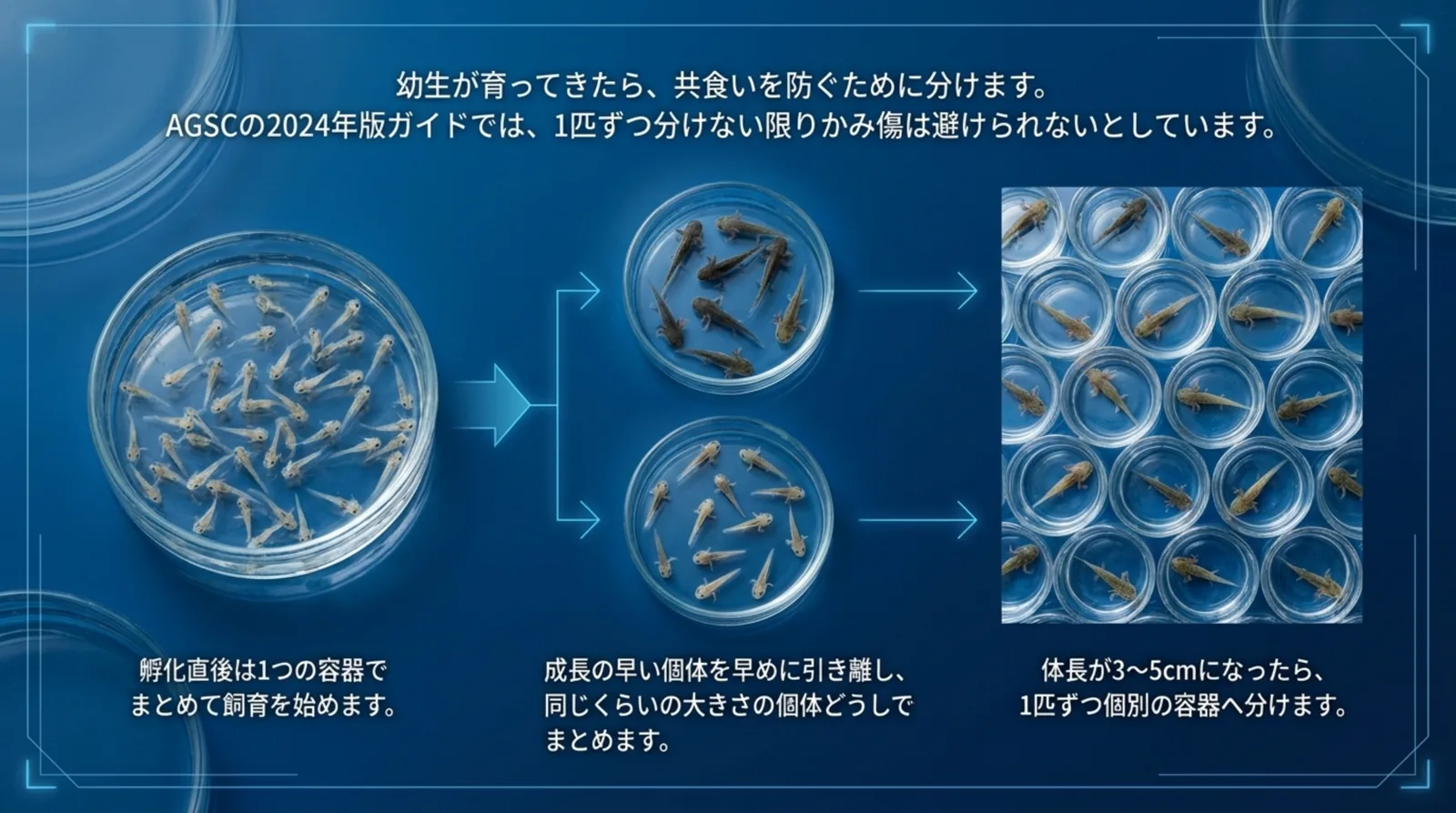 孵化直後はまとめて育て、大きさで分け、体長3〜5cmで1匹ずつの容器へ移す流れを示したスライド