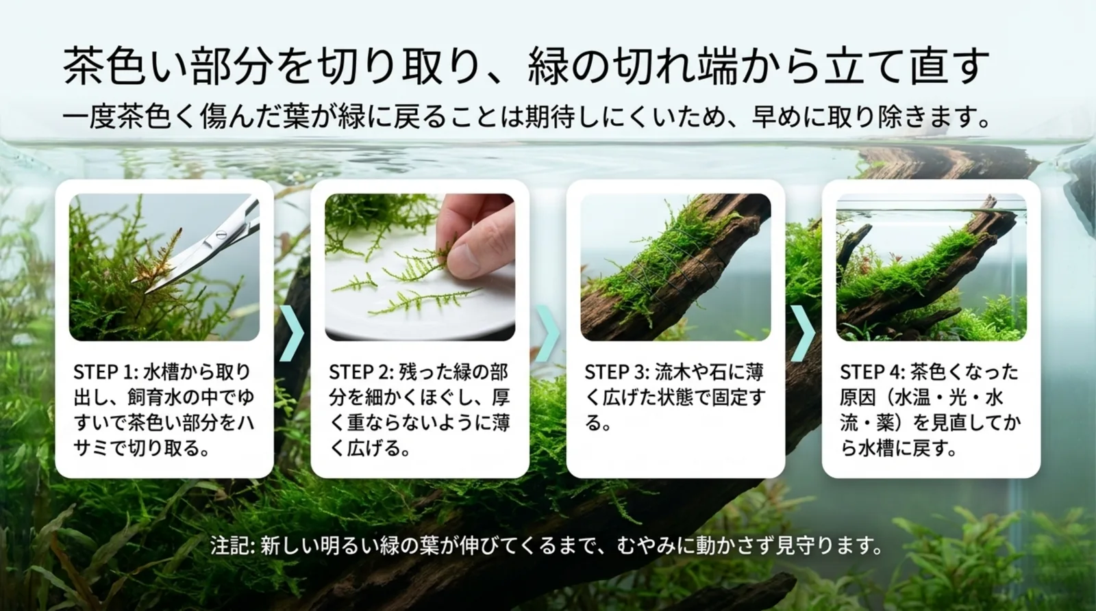 茶色い部分をハサミで切る、緑の部分を薄くほぐす、流木に薄く広げて固定する、原因を見直して水槽に戻すという立て直しの4つの手順を写真付きで示したスライド