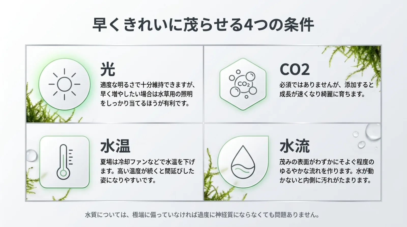 光・CO2・水温・水流の4つの条件ごとにウィローモスの育て方の目安を示したスライド