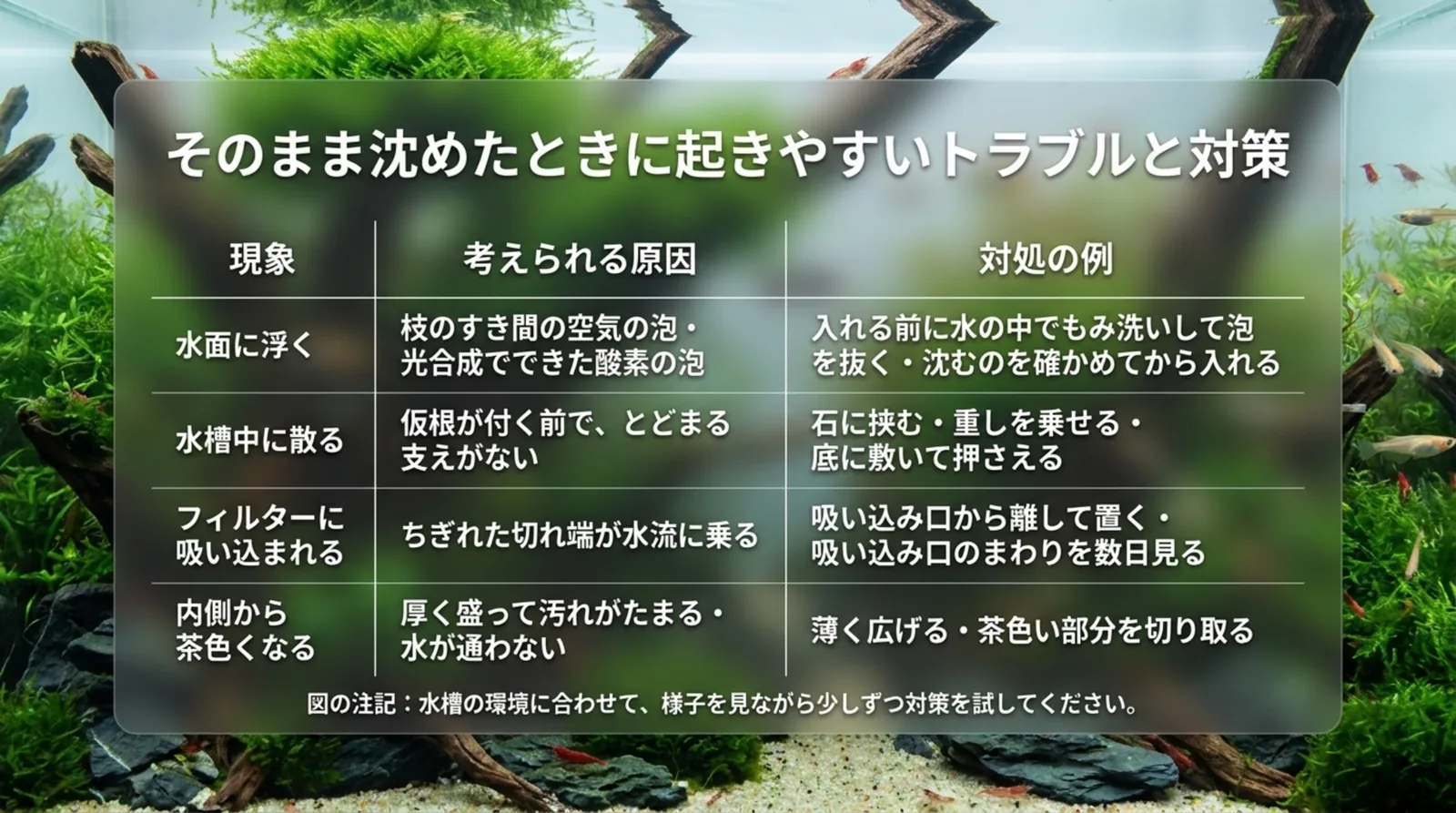 浮く・散る・吸い込まれる・茶色くなるの4つについて、考えられる原因と対処の例を並べた表のスライド