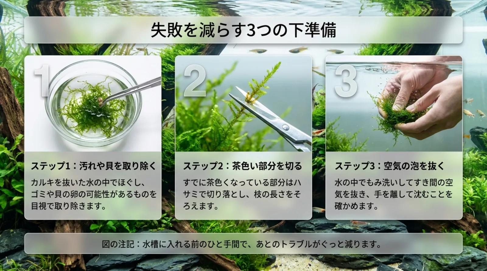 汚れや貝を取り除く、茶色い部分を切る、空気の泡を抜くという入れる前の3つの手順を写真で示したスライド