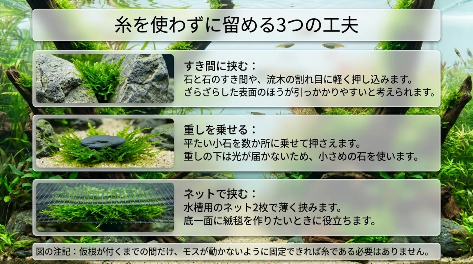 石のすき間に挟む、小石の重しを乗せる、ネット2枚で挟むという糸を使わない留め方を比べたスライド